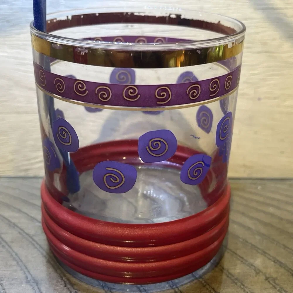 Sakura Sango Sue Zipkin MCM Golf Rim MCM Drinking Glass Blue Red Gold Rimmed VTG